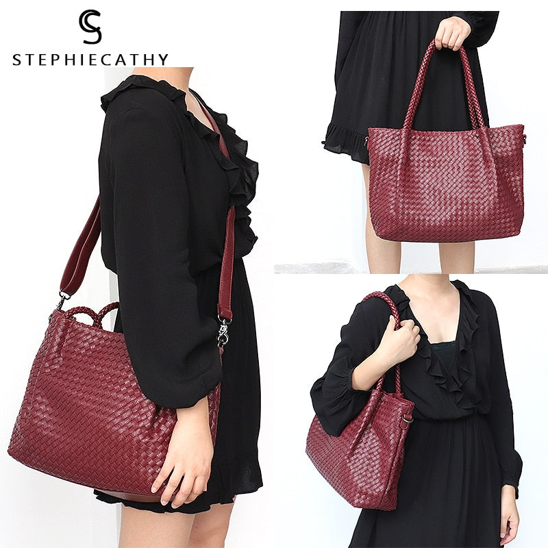 SC Fashion PU Leather Woven Handbags For Women Luxury Design Tote Female Large Daily Shoulder Bags Vegan Leather Crossbody Purse
