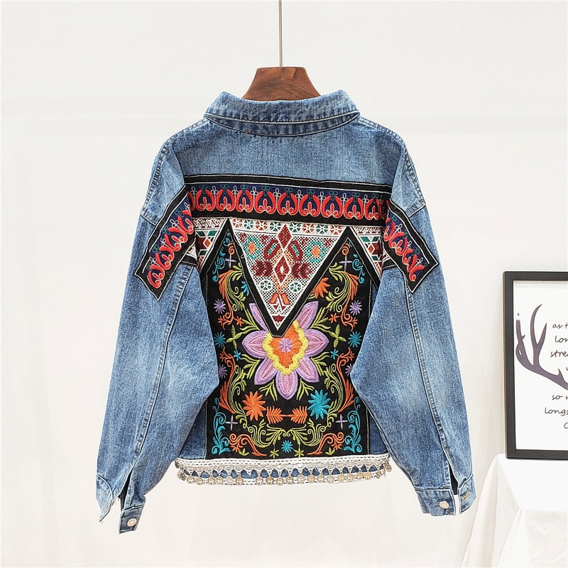 Denim jacket Women For Boho Heavy work embroidery Beaded Sequins Casual Vintage Long sleeve Casual Jean jacket Female Outwear