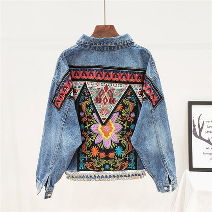 Denim jacket Women For Boho Heavy work embroidery Beaded Sequins Casual Vintage Long sleeve Casual Jean jacket Female Outwear