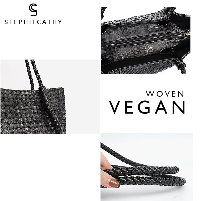 SC Fashion PU Leather Woven Handbags For Women Luxury Design Tote Female Large Daily Shoulder Bags Vegan Leather Crossbody Purse