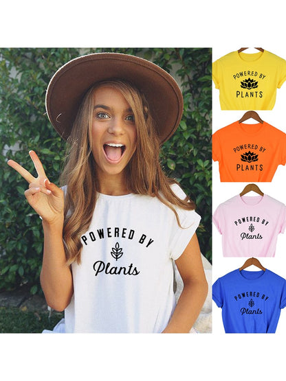 Powered By Plants Women T Shirt Round Neck Vegan Gift Shirts Graphic Tee Garden Vegetable Tumblr Clothing Hipster Harajuku Tops
