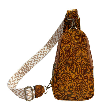 Womens Vegan Leather Zipper Sling Bag Crossbody Purse with Adjustable Guitar Strap Multi-Funtional Pockets